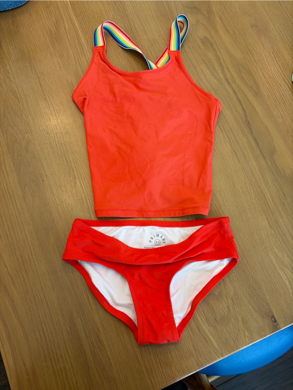 Primary Red Girls Two-Piece Swim Set with Rainbow Straps